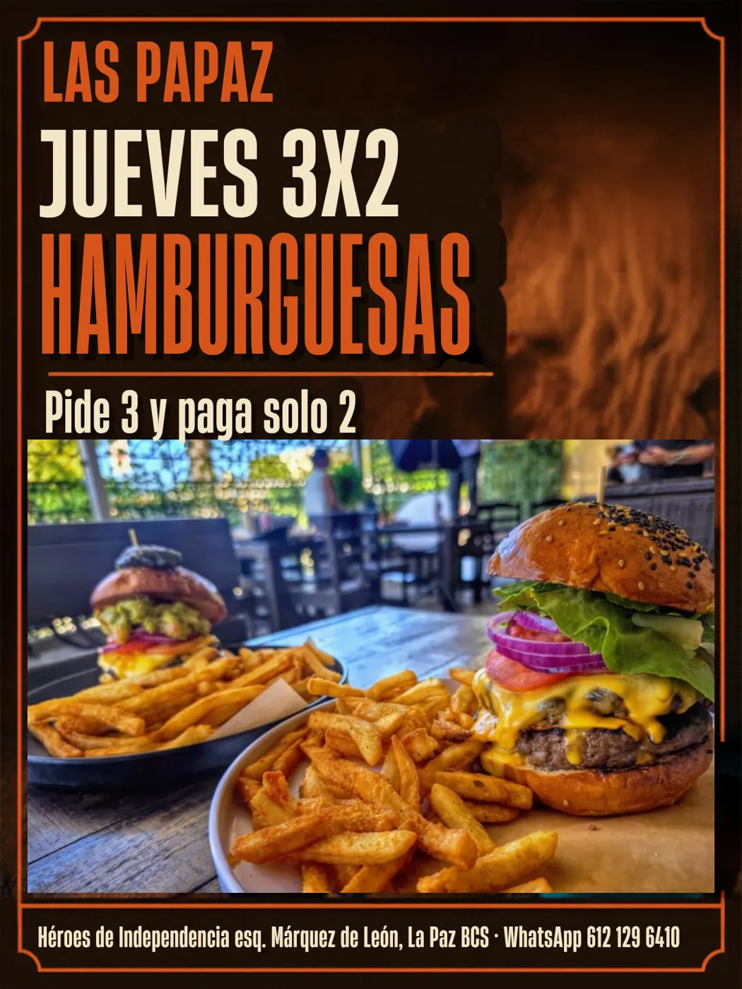 Flyer promoción jueves 3x2 en hamburguesas