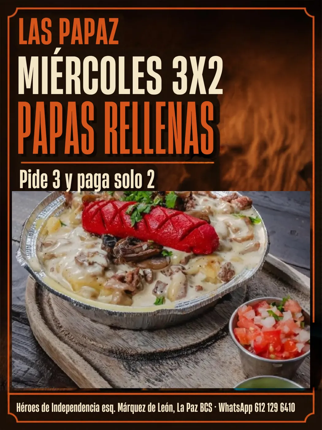 Flyer promoción miércoles 3x2 en papas rellenas